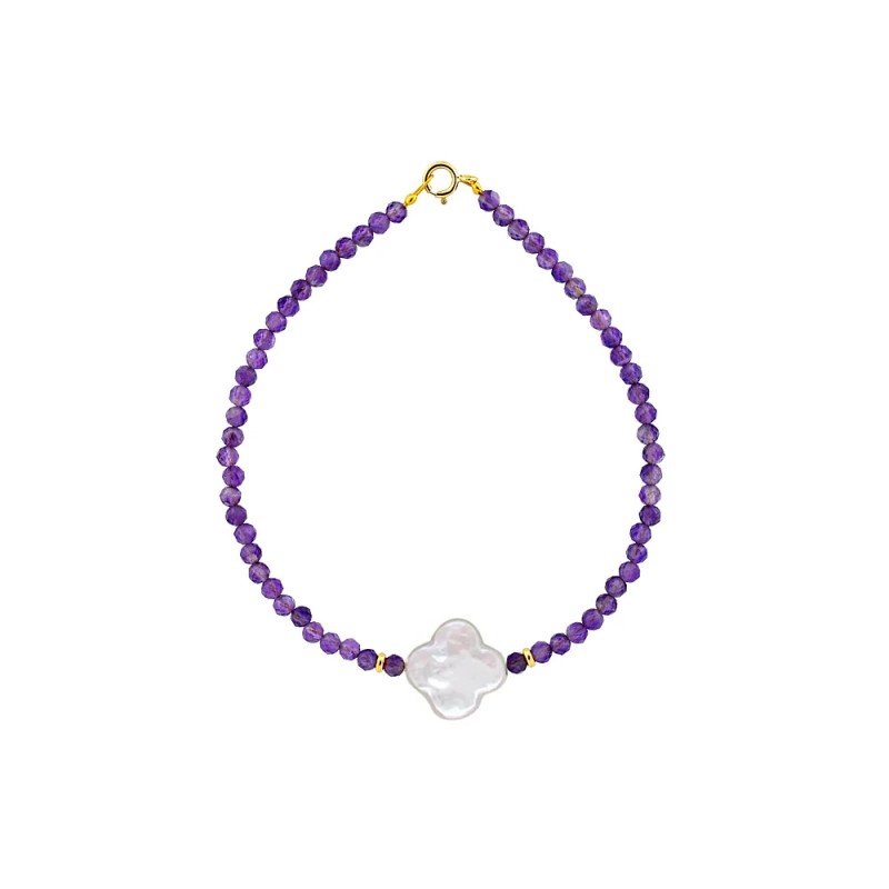 Βραχιόλι με Κ14 χρυσό κούμπωμα, αμέθυστο και μαργαριτάρι - F122475A